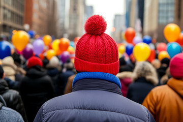 Wall Mural - A diverse crowd gathers for a vibrant winter street festival, featuring colorful balloons and festive attire in an urban setting