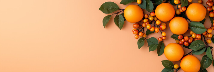 Canvas Print - Fresh oranges with green leaves and small berries against an orange background, representing healthy eating and summer freshness