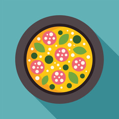 Canvas Print - Freshly baked pizza with salami, cheese and basil, served on a round plate, perfect for restaurant menus, food blogs, or any culinary project