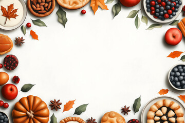 Sticker - Festive Thanksgiving food frame with pumpkins, pies, leaves, and berries on a white background, celebrating autumn harvest and family gatherings