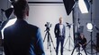 © MIKHAIL - Businessman poses in a busy studio for a film crew, creating video content with modern equipment and technology