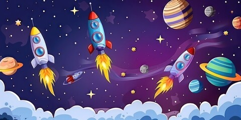 Sticker - cartoon rockets flying through space.