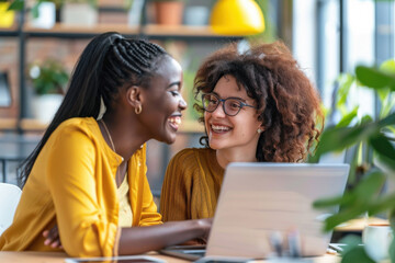 Two happy diverse female entrepreneurs using a laptop for a productive business meeting in a corporate workplace.