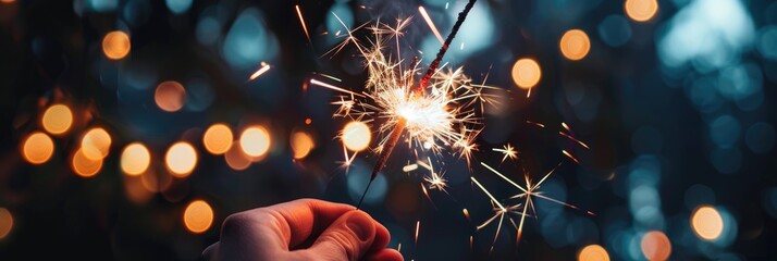 Canvas Print - Sparkler fireworks being held and lit at night with sparks flying