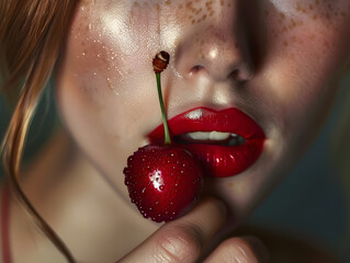 Wall Mural - Close-up of a woman with a cherry in her mouth.