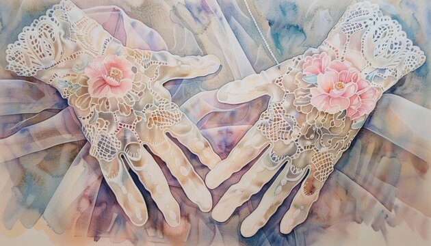 Soft watercolor vintage lace gloves with delicate floral motifs, capturing ethereal elegance