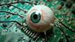 © Christian - an eyeball in the middle of a printed circuit board. Illustration of the concept of mixing human and technology