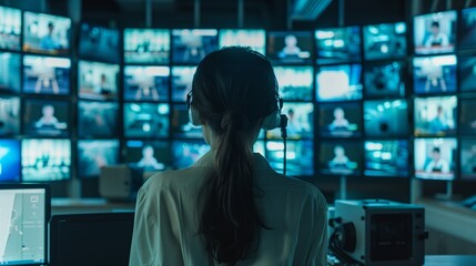 Poster - operator monitoring multiple surveillance screens in a high-tech control room at night