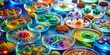 © Sirinporn - Colorful microscopic bacteria and virus cells in various shapes and sizes swarm in a shallow agar-filled petri dish under bright laboratory lighting.