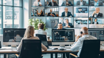 Poster - professionals engaged in virtual conference in modern office setting during daytime hours