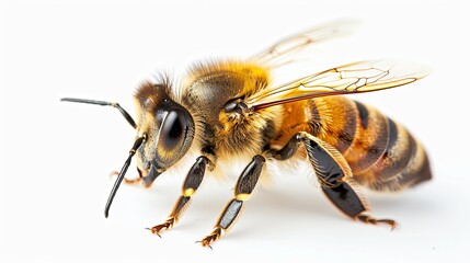 Close-up of a honey bee on a white background.