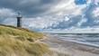 © Kanan - Beach coastline with the famous Skagen Grey Lighthouse, Skagen GrÃ¥ Fyr, Skagen, Grenen in North Jutland in Denmark, Skagerrak, North Sea, Baltic Sea. Upper tower platform, lantern of lighthouse