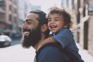 A joyful father carrying his laughing child on his back in a city setting, reflecting happiness and bonding.