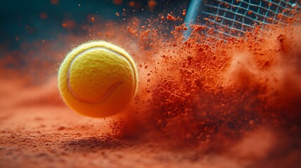 Tennis ball hits a clay court, creating a red dust explosion. Feel the power and speed of the game with flying particles and vibrant colors. Get close to the dynamic action