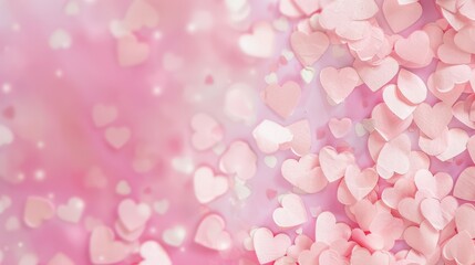 Wall Mural - Pink heart-shaped confetti with water droplets on a soft pink background. Romantic and whimsical.