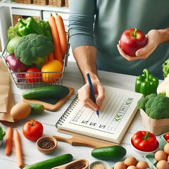 Wall Mural - a person choosing healthy food options and preparing a grocery list.