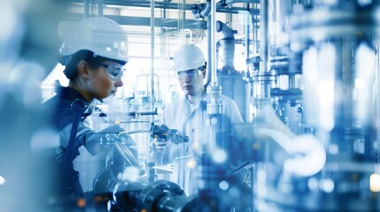 Two engineers wearing lab coats and hard hats are working with a digital tablet, monitoring the production process in a modern pharmaceutical manufacturing plant