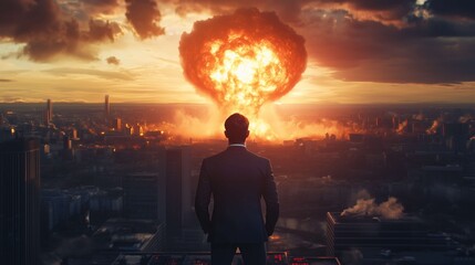 Businessman standing on a rooftop is watching a giant nuclear mushroom cloud exploding over a generic city during sunset