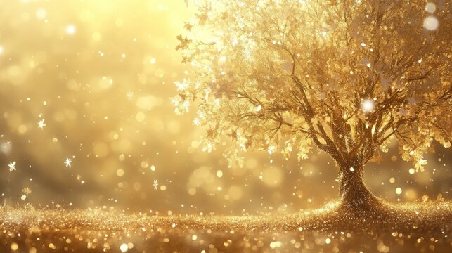 Enchanted Yuletide Tree. Christmas gold background with a magical tree covered in snowflakes and sparkling lights. Generative AI