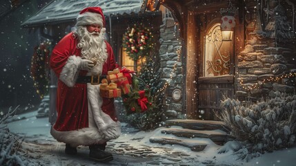 Wall Mural - Santa claus delivering christmas presents to snowy