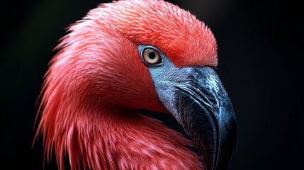 A close up of a flamingo's head with a red beak