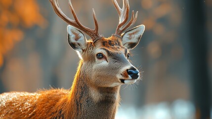 Wall Mural - A deer with large antlers stands in a forest