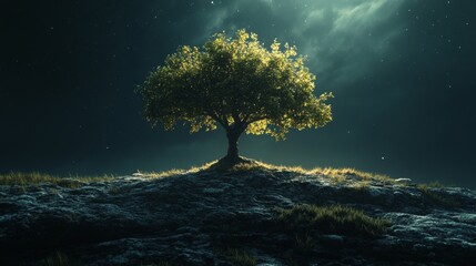 A tree is standing on a rocky hillside in the dark