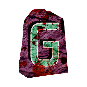Cut out ransom alphabetic letter with blood splashes and crumpled paper texture. Blackmail Ransom Kidnapper Anonymous Note Font. Latin English Letter, Criminal ransom letter isolated on white