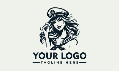 Wall Mural - Woman nautical vector logo smiling woman in a sailor hat and lowcut top with long hair. Ideal for nautical or retro fashion themes.