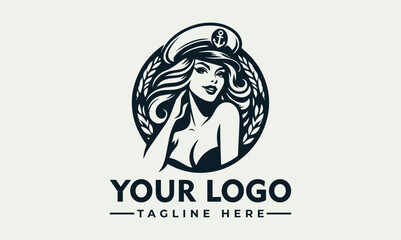 Wall Mural - Woman nautical vector logo smiling woman in a sailor hat and lowcut top with long hair. Ideal for nautical or retro fashion themes.