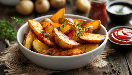 A bowl of golden brown crispy fries is placed on the table with ketchup 