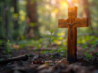 Poster - Rustic Wooden Cross in Serene Forest Landscape Dappled Sunlight Filtering Through Trees Tranquil Place of Reflection