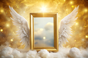 blank gold photo frame with white Angel wings in the God Heaven, blurred background