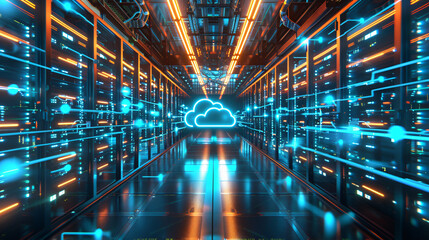 Poster - A vibrant digital landscape portraying a futuristic data center with glowing blue lines and cloud symbols, representing advanced technology and connectivity.