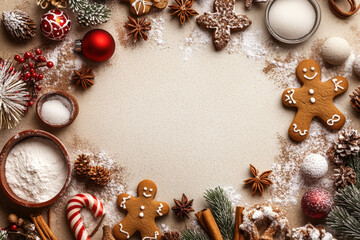 Wall Mural - Christmas baking ingredients and festive decorations forming a frame on a flour dusted background with copy space