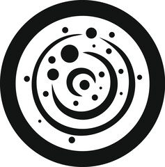 Poster - bold black and white abstract design featuring a circular composition with swirling lines and dots