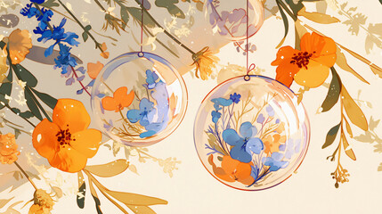 Poster - A whimsical illustration of floral glass ornaments hanging amidst vibrant flowers, creating a cheerful and artistic atmosphere.