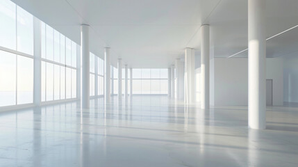 Poster - A minimalist interior space with large windows, bright lighting, and polished floors, creating an open and airy atmosphere.