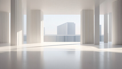 Poster - A minimalist architectural scene showcasing a bright and open interior space with large columns and a distant city view, evoking a sense of modern elegance.