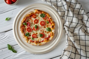 Wall Mural - Closeup of wooden desk with napkin and board for pizza top view mock up with canvas and dish towels on white table Selective focus