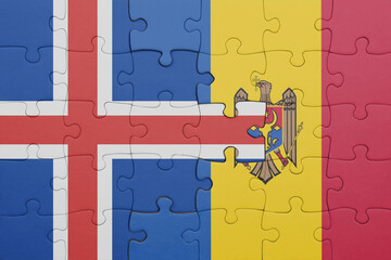 puzzle with the colourful national flag of moldova and flag of iceland .