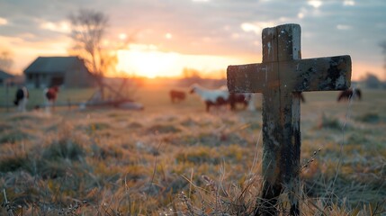 Poster - Rustic Farmhouse Cross at Sunset or Sunrise Evoking Rural Faith and Tradition