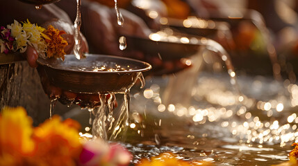 Priest pouring holy water into a ceremonial bowl during a traditional religious ritual outdoors.