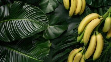 fresh yellow golden banana with green leaf background