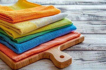 Wall Mural - Pizza napkin and board on wooden desk Colorful dish towels on white table Focus on stack