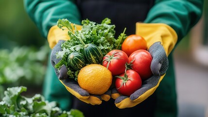 Worker s hands in garden gloves holding fresh produce, Labor Day, relaxation, celebration