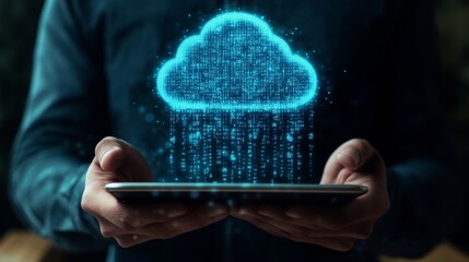 Poster - on a blurred office background, hands hold a tablet with a holographic cloud computing concept.