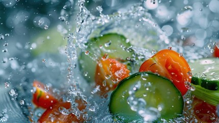 Water splash with variety of vegetables macro closeup view