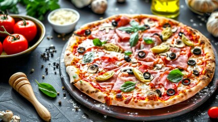 Poster - Delicious gourmet pizza with fresh ingredients including tomatoes, olives, and basil on a dark background. Perfect for food blogs, menus, and cooking websites. Mouth-watering visual. AI