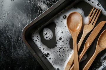 Wooden utensils and soap bubbles on a tray Washing dishes idea